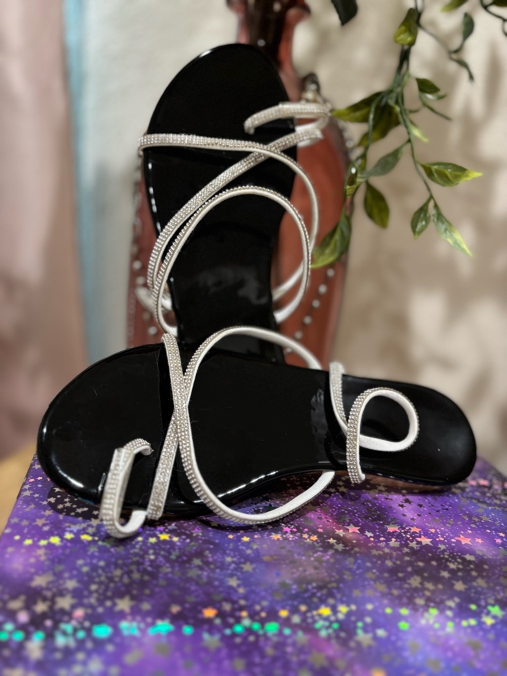 SHEIN Black Sandals with Silver Rhinestone Straps